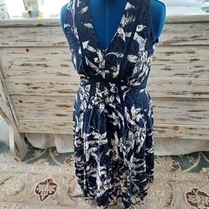 Sleeveless V Neck Dress Women.  Navy Blue And White Lace With Lining